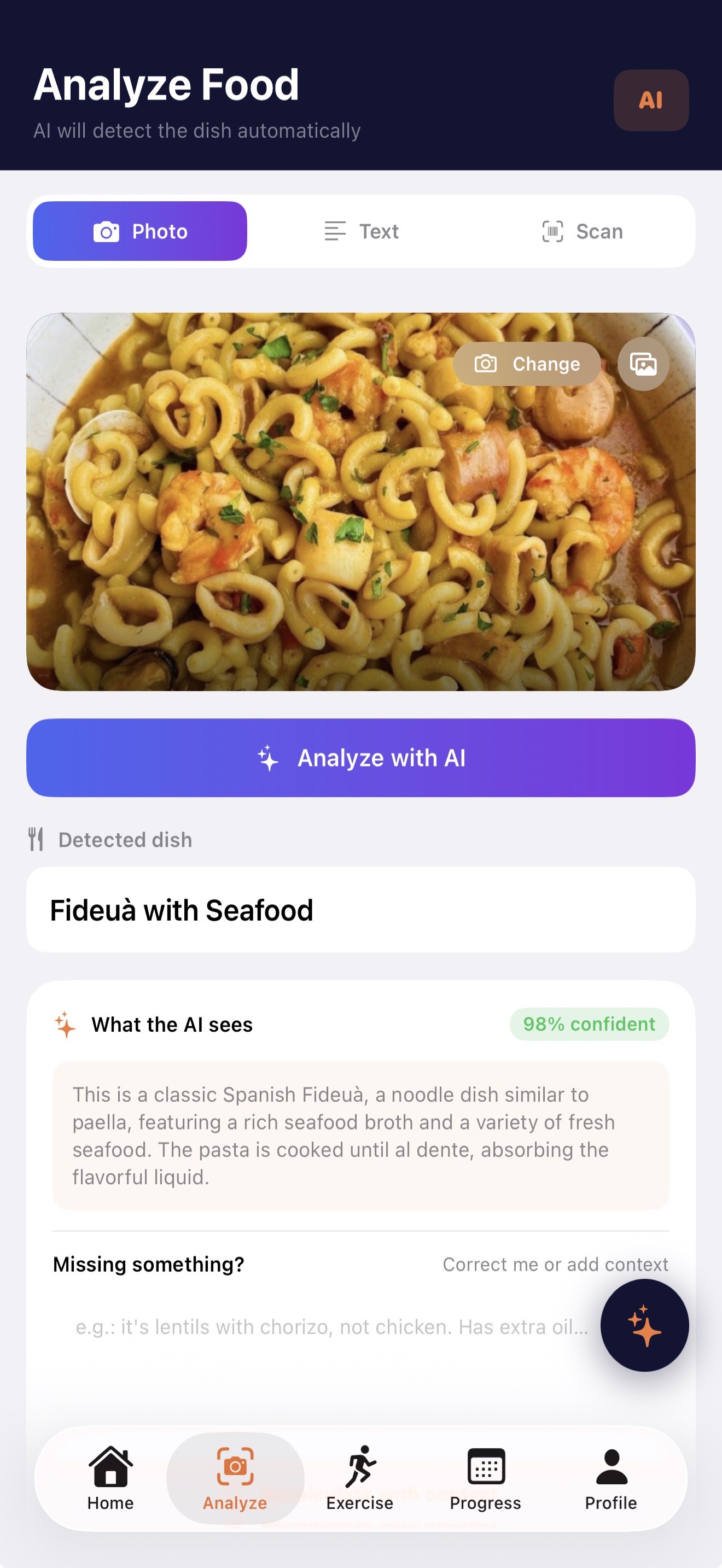 Foodia AI food analysis